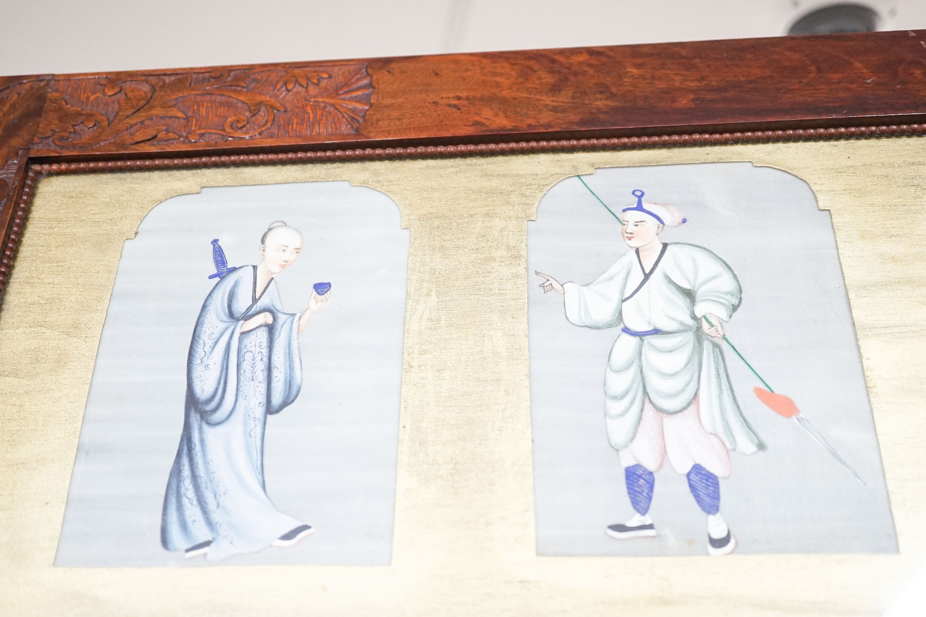 A framed set of six Chinese pith paintings of figures from the Qing Court, in a carved hardwood frame 31 x 108cm